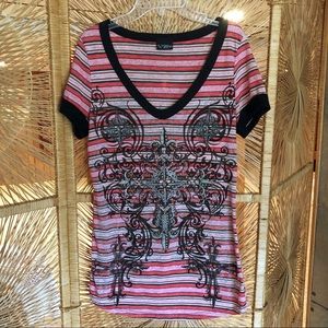 Daytrip Women’s Striped Bedazzled Scallop Tee